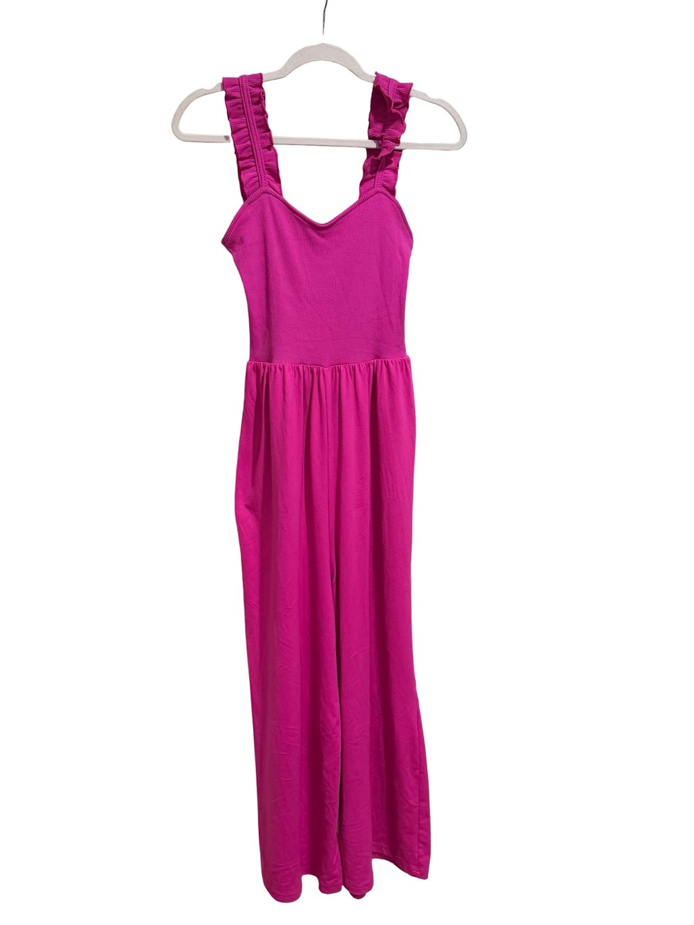 💖 Entro Hot Pink Cropped Wide Leg Jumpsuit Ruffled Strap Size Small - Picture 10 of 14